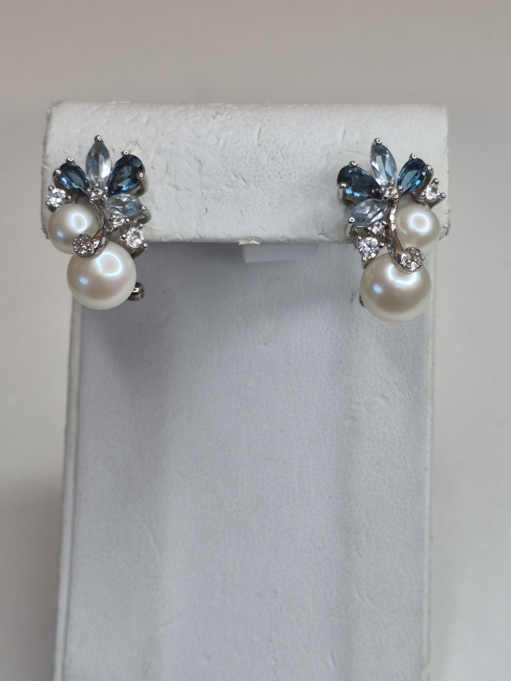 Freshwater Pearl and Blue Crystal Flower Earrings Sterling Silver, Omega Backs